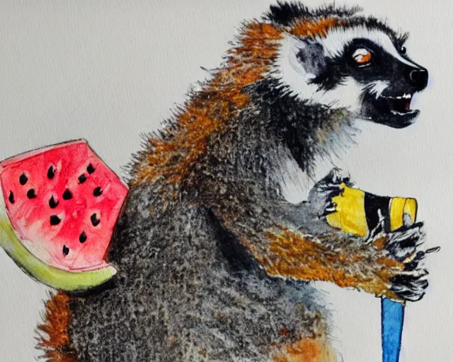 Prompt: a bright happy bill waterson watercolour of a lemur eating a watermellon popsicle