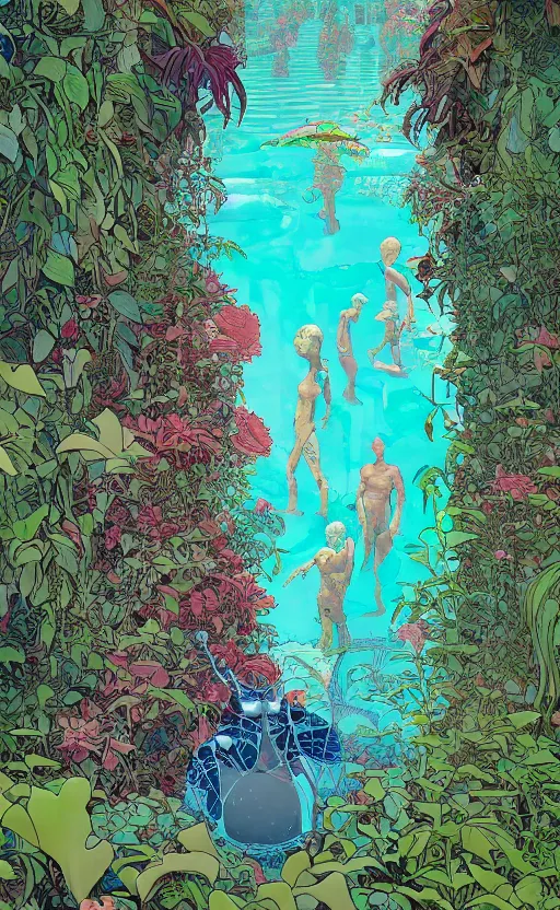 Prompt: a secret garden with a big pool, very coherent, painted by geof darrow, wayne barlowe, painted by james gilleard, airbrush, art by james jean, surrealist art, houdini algorithmic generative art