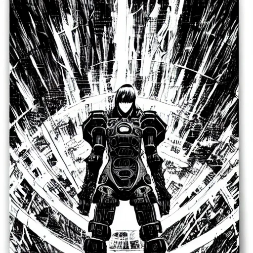 Image similar to a vertical portrait of a manga character in a scenic environment by nihei tsutomu, black and white, cybernetic armor, highly detailed