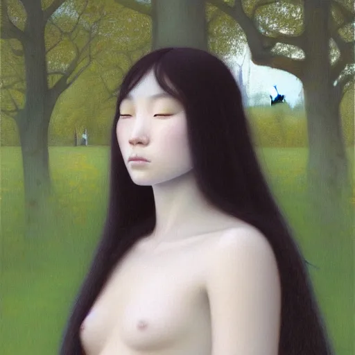 Image similar to a ultradetailed beautiful painting of a young european inuit woman in the park by hsiao ron cheng, ngai victo, nivanh chanthara jean delville wlop and dougherty patrick, trending onv artstation, alaska, light sparkles, major arcana sky, sharp focus, soft light