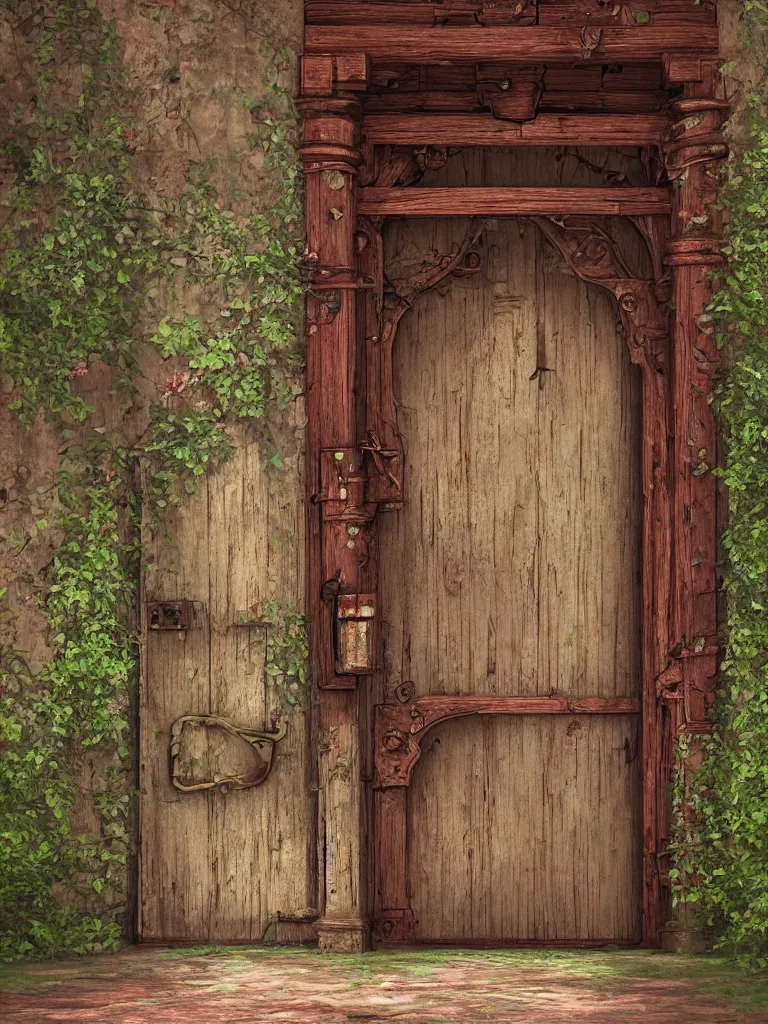 Prompt: Professional digital art detailed old wood rusted castle door entrance with flowers and a long path outside by Evgeny Lushpin, cgsociety, artstation