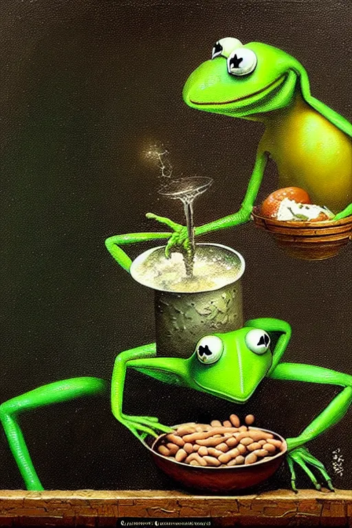 Image similar to hieronymus bosch, greg rutkowski, anna podedworna, painting of kermit the frog eating beans