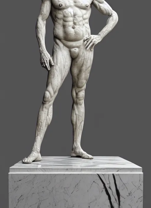 Image similar to a statue made of white marble with gold veins, of kelsey grammer as frasier crane with fittonias, transhumanism, full body shot, perfect symmetrical body, perfect symmetrical face, hyper realistic, hyper detailed, by johannen voss, by peter kemp, by alex grey, octane render, blender, 8 k