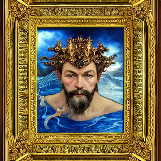 Prompt: portrait of poseidon king of the ocean made with porcelain by Jeff Easley and Peter Elson + beautiful eyes, beautiful face + symmetry face + border and embellishments inspiried by alphonse mucha, fractals in the background, galaxy + baroque, gothic, surreal + highly detailed, intricate complexity, epic composition, magical atmosphere + masterpiece, award winning + trending on artstation