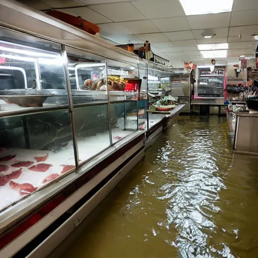 Image similar to a flooded butcher shop, where's wally