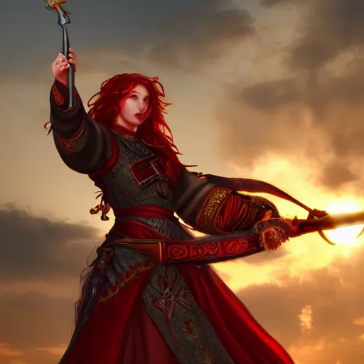 Prompt: Beautiful red haired warrior priestess in action pose practising in the monastery, sunset, backlit, digital art, trending on ArtStation