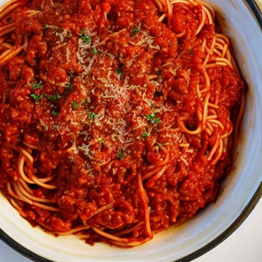 Prompt: hyperrealistic top view photo of spaghetti with bolognese sauce