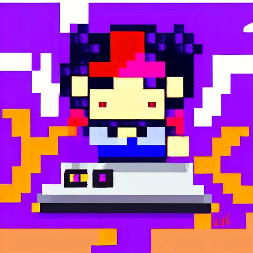 Prompt: anime drawing of a gamer girl playing a pixel art platformer game streaming on twitch. tv