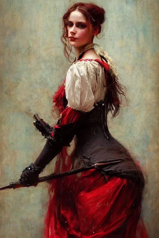 Image similar to Solomon Joseph Solomon and Richard Schmid and Jeremy Lipking victorian genre painting full length portrait painting of a young beautiful woman traditional german french fashion model pirate wench in fantasy costume, red background