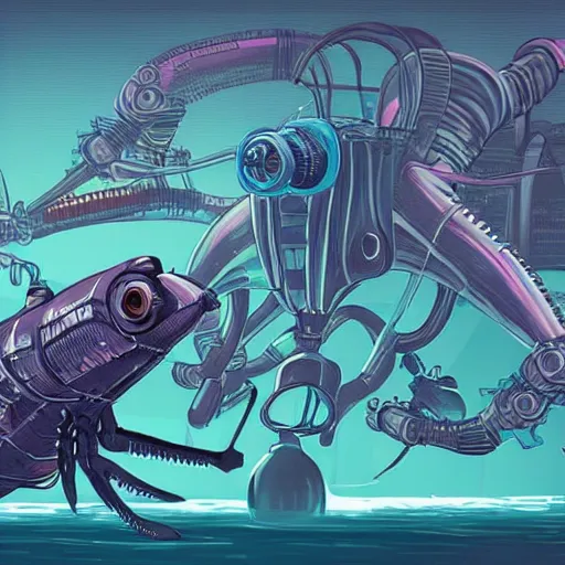 Prompt: concept art of a cyberpunk insectoid underwater alien and its minions, retro technology