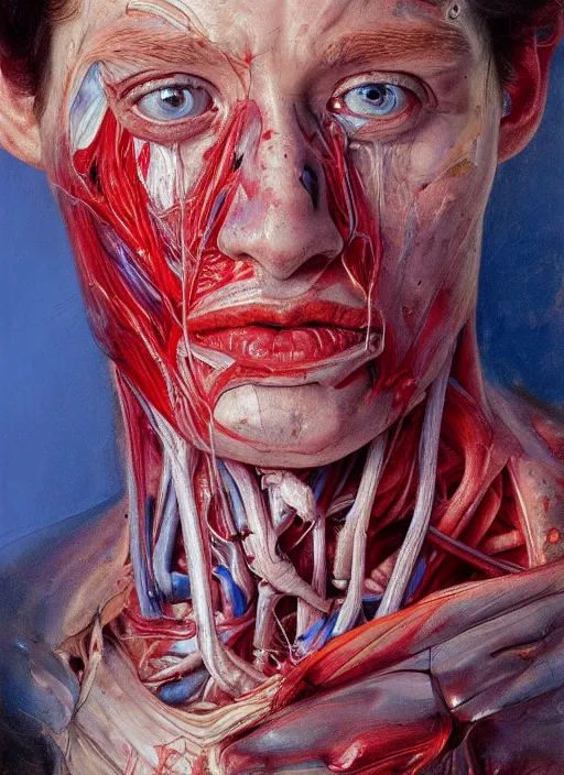 Prompt: highly detailed and textured painting of a deformed anatomical portrait with dead eyes, emotionally expressive, highly detailed oil painting, soft light 4 k, red, blue and purple colour palette, cinematic composition, cinematic lighting, sharp focus, masterpiece by adrian ghenie and jenny saville