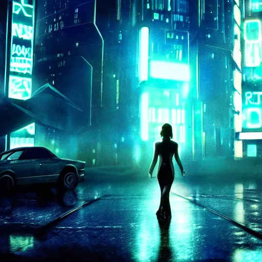Image similar to jennifer connelly starring in a cyberpunk movie in a distopic futuristic city in the style of bladerunner, movie still, highly detailed, rainy night, volumetric lights, dramatic, scifi