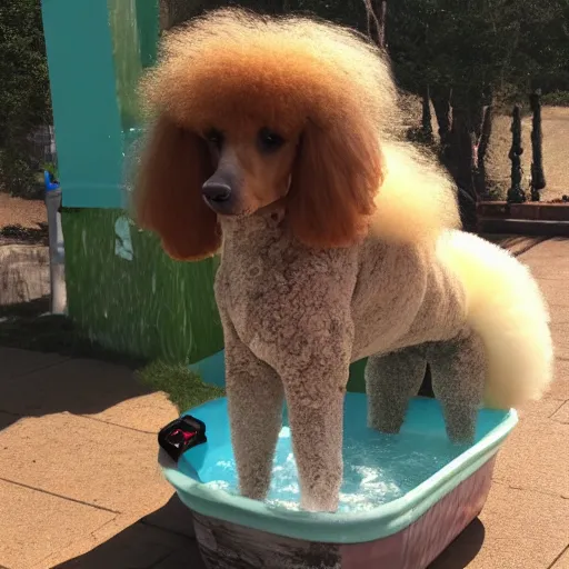 Prompt: a big, gay poodle who takes three baths a day