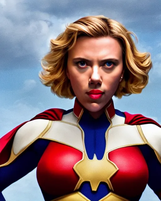 Image similar to scarlett johansson portraying a beautiful power girl from dc, beautiful scarlett johansson power girl, movie, hyper realistic, hollywood promotional image, imax, 8 k