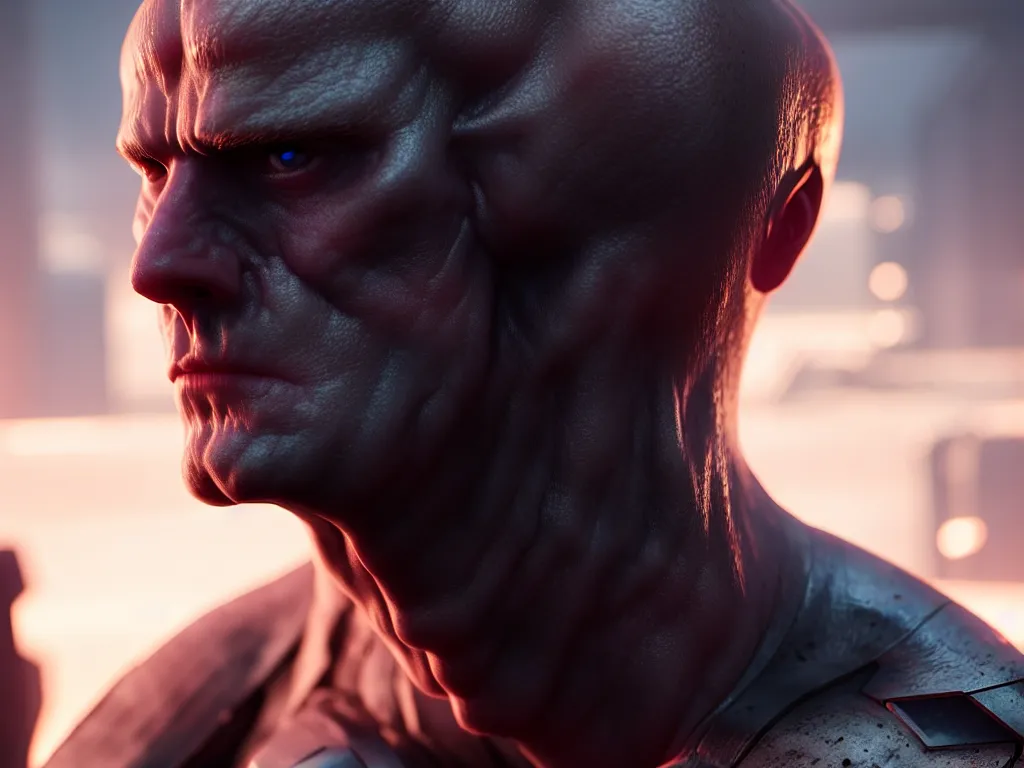 Prompt: a man with half a head in a marvel movie, science fiction industrial hard science concept art, 8K render octane high definition cgsociety, photorealistic, unreal engine