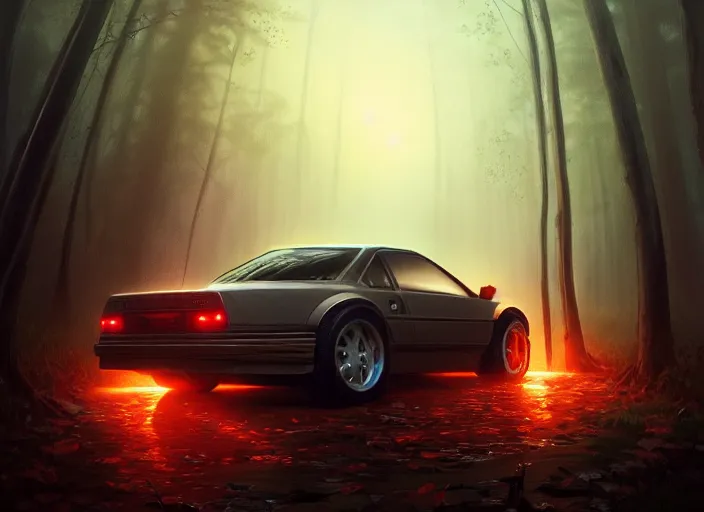 Image similar to detailed intricate digital illustration by greg rutkowski and artgerm and wlop and sanford robinson gifford ; 1 9 8 8 vehicle, glowing headlights, foggy forest in background ; 1 3 mm film, close up head on arri alfa anamorphic lens ; sharp focus, soft evening lighting, trending on artstation 4 k