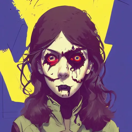 Image similar to Highly detailed portrait of a punk zombie young lady by Atey Ghailan, by Loish, by Bryan Lee O'Malley, by Cliff Chiang, inspired by image comics, inspired by graphic novel cover art !!!Yellow, brown, black and cyan color scheme ((dark blue moody background))