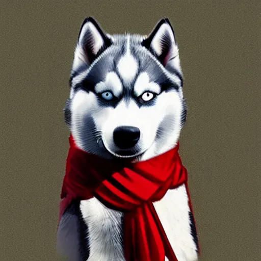 Prompt: a husky wearing a red shirt in the style of the red dead redemption 2 cover art