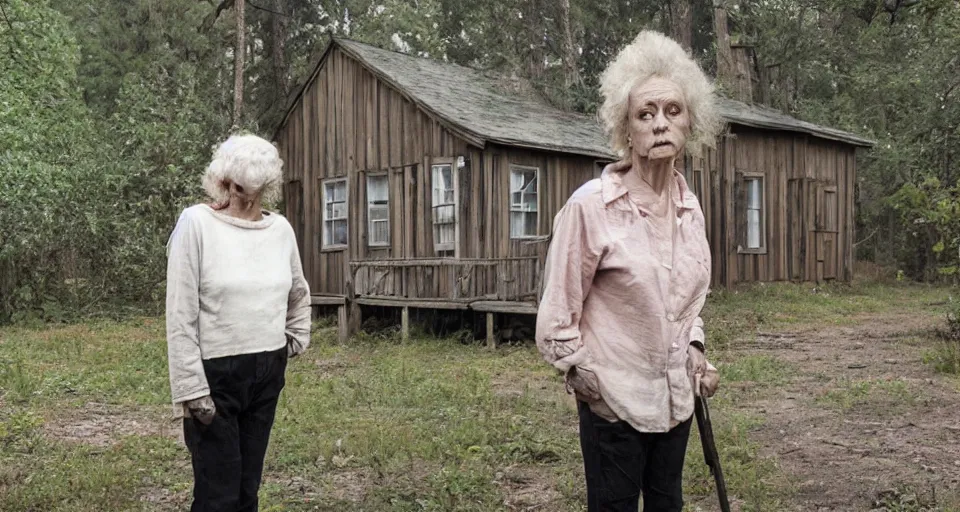 Prompt: ugly old woman with sinnister face standing outside old cabin, portrait, dirty clothes, forrest in the background, utopian looking, 80s, moody, hyperrealistic