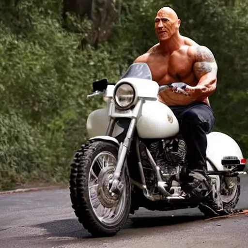 Image similar to dwayne the rock johnson riding a hog