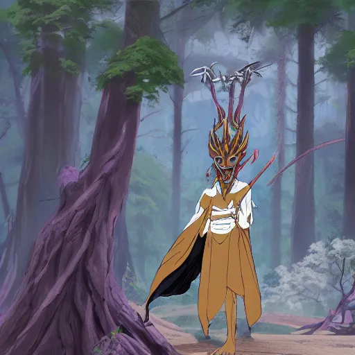 Image similar to concept art painting of an anthropomorphic dragon king with black robes, a long neck, and skull mask, in a deep forest, cel shaded, in the style of makoto shinkai and james gurney and studio ghibli and moebius