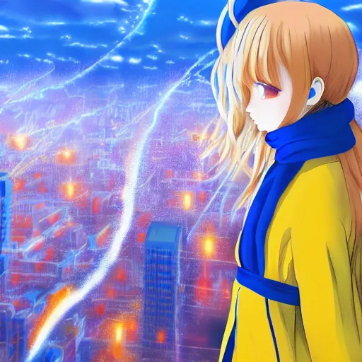 Image similar to anime ukrainian girl, in blue and yellow clothes, watching explosions in big city, concept art, trending on artstation, highly detailed, intricate, sharp focus, digital art, 8 k