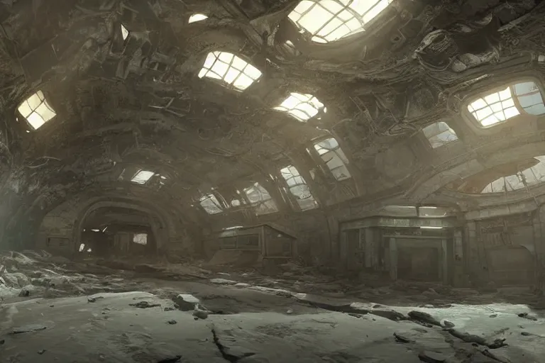 Prompt: A beautiful hyper realistic detailed matte painting of the inside of an ice-cold abandoned alien science station, dynamic lighting, cinematic lighting, unreal engine, featured on artstation