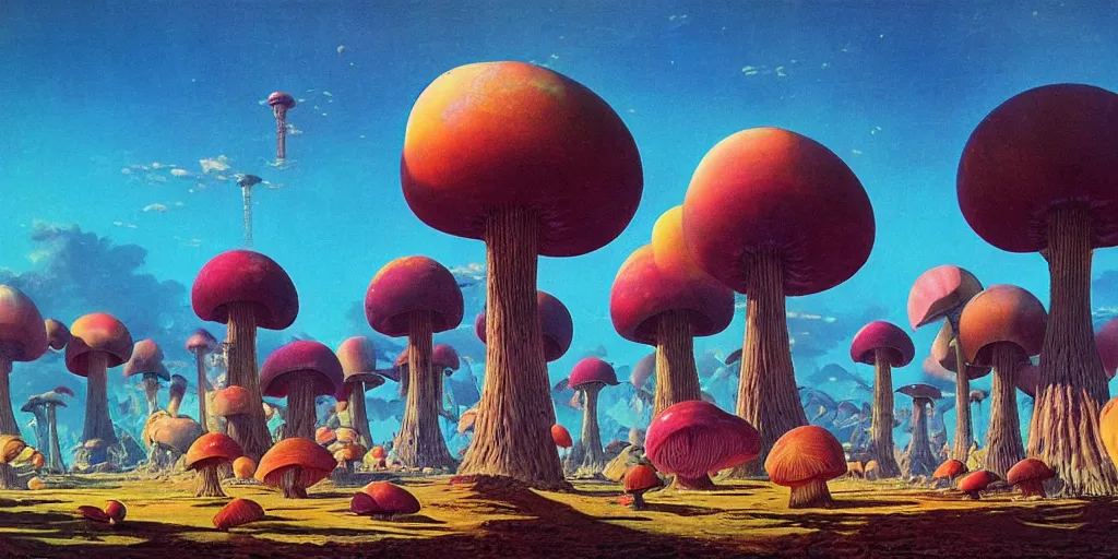 Prompt: landscape of an alien world, giant colorful mushroom skyscapers, steampunk airships float in the sky. by bruce pennington. vibrant color
