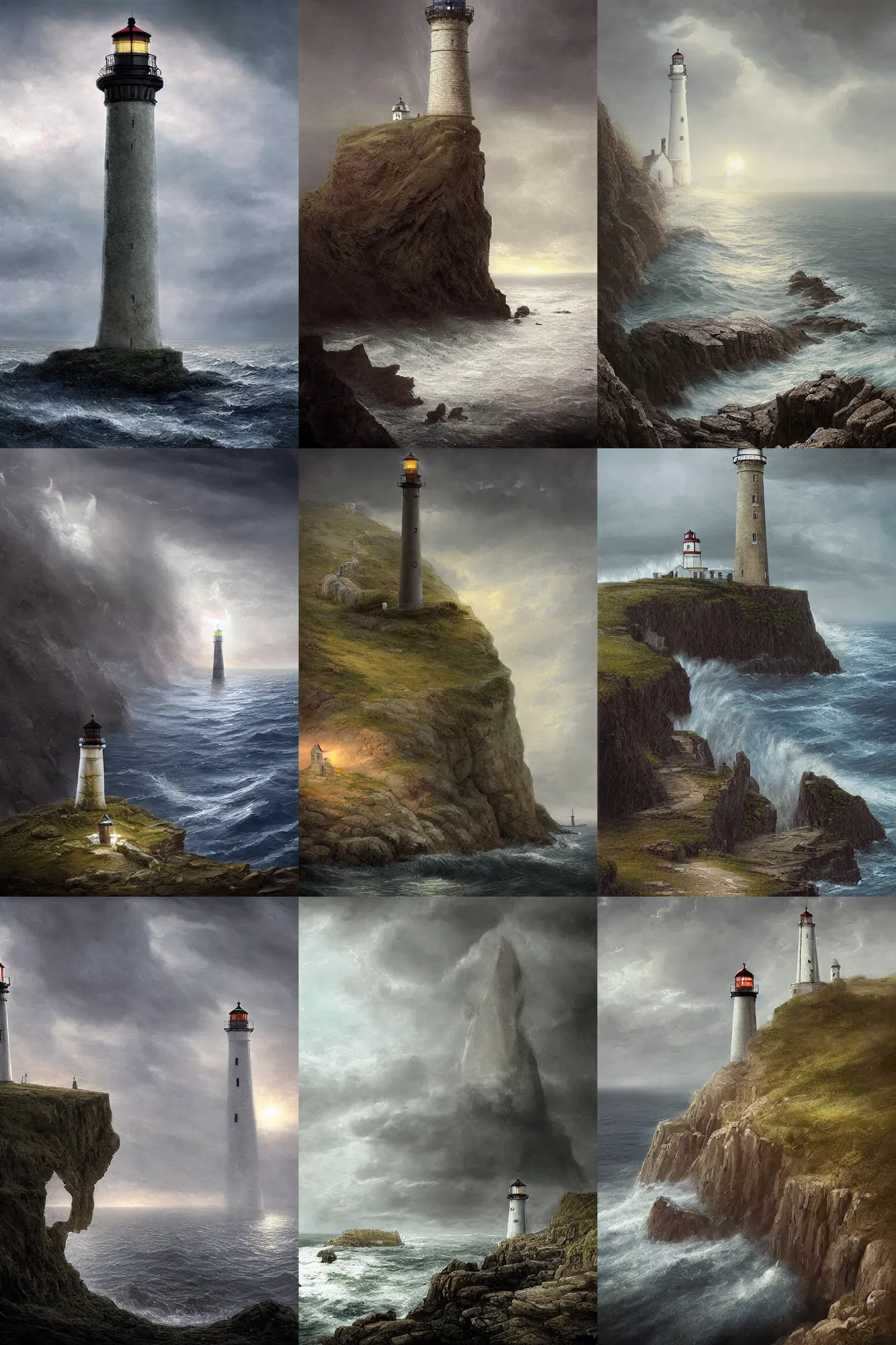 Prompt: standalone lighthouse in england 1 9 century, half - ruined, covered by mold, staying in 2 kilometers far from a coast, opposite the dark cave - crack of giant rocks, deep ones is living under this, view from sea, and view from the coast, fantasy digital art, storm, night, black sea, by greg rutkowski