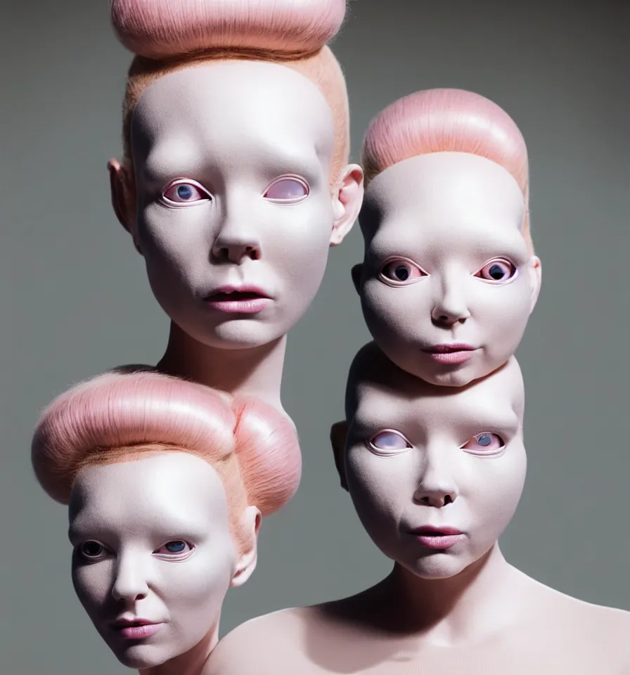 Prompt: portrait of a alien futuristic cyborg wearing a gold pipes fitted beauty mask and pink hair buns, wearing a black bodysuit by alexander mcqueen, cream white background, soft diffused light, biotechnology, humanoid robot, perfectly symmetric, bjork aesthetic, translucent, by rineke dijkstra, intricate details, highly detailed, masterpiece,