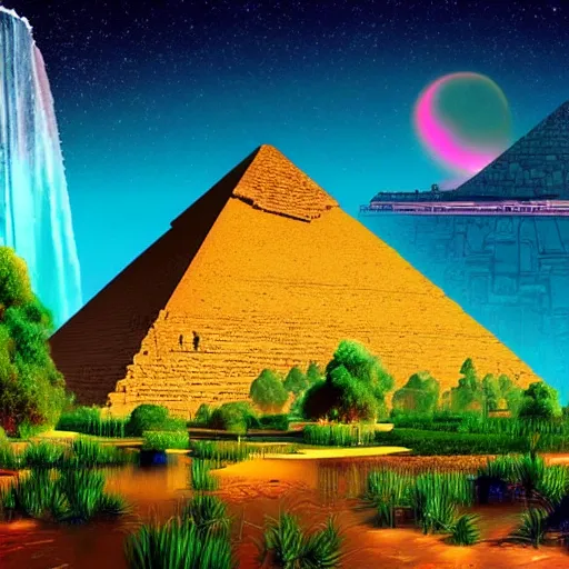 Image similar to ancient pyramids with gardens and waterfalls,digital art,retrowave art,trending on art station