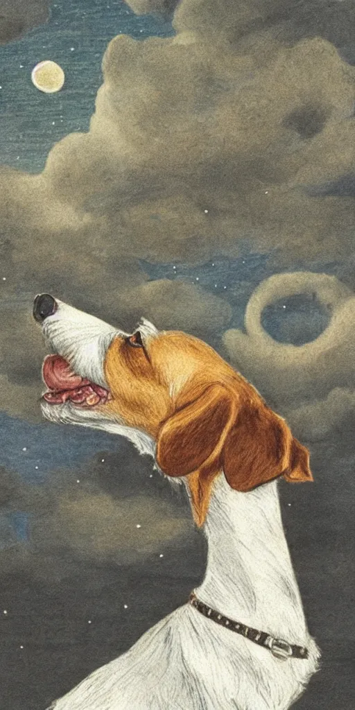 Image similar to jack russel dog looking up and howling with mouth open sad, night sky, highly detailed, side view, illustrated by peggy fortnum and beatrix potter and sir john tenniel