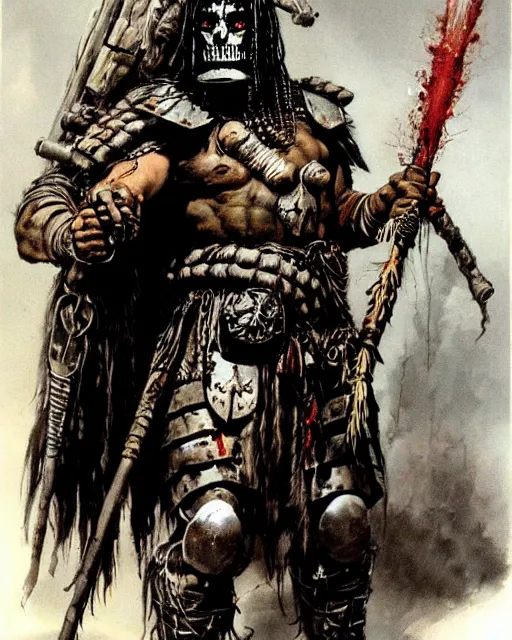 Image similar to full body of a shaman goth soldier wearing armor by simon bisley, john blance, frank frazetta, fantasy, barbarian