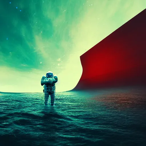 Image similar to an astronaut emerging from an ocean of red water, otherwordly sky, cinematic shot, 35mm, photography, High definition, 8k, detailed, deprh of field, photorealistic, epic atmosphere