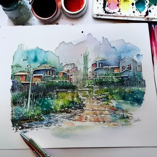 Prompt: Beautiful happy picturesque charming sci-fi town in harmony with nature. Beautiful light. Water and plants. Nice colour scheme, soft warm colour. Beautiful detailed artistic watercolor by Olivia. (2022)