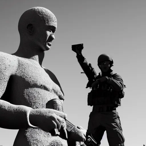 Image similar to the special forces pointing at a peanut statue, security camera, black and white, detailed, realistic, 4k, megalofobia