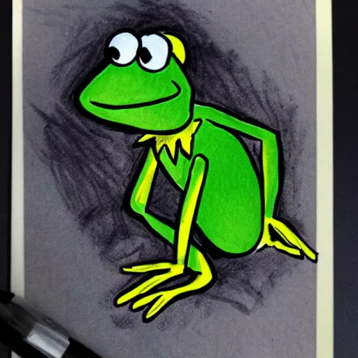 Prompt: paper comic sketch of kermit the frog