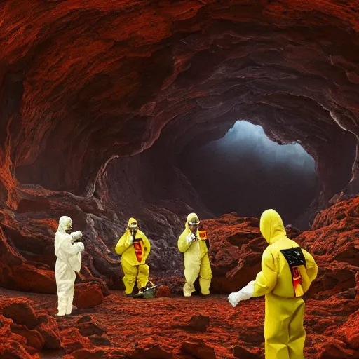 Image similar to wide - shot photo of a group of scientists in hazmat suits, studying a hell open rift portal, by shaun tan, codachrome, hellish, unsettling, otherworldly, smoke, machines, floating rocks, 8 k, hd, highly detailed,