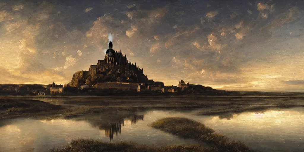 Image similar to masterpiece oil painting portraying mont saint michel in the style of romanticism landscape painters with a tree on the foreground,beautiful,misty,night sky,evocative,reflection in the water,photorealistic,chiaroscuro,soft lighting