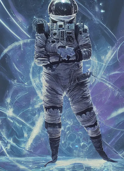 Image similar to astronaut in dark void underwater - complex and hyperdetailed technical suit design. reflection and dispersion materials. rays and dispersion of light. volumetric light. f / 3 2. noise film photo. flash photography. ultra realistic, 5 0 mm. poster by wayne barlowe, hajime sorayama aaron horkey, craig mullins