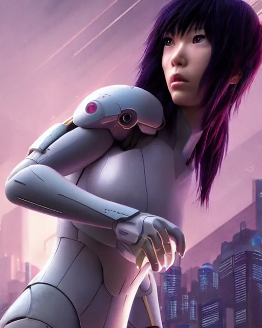 Image similar to weta disney pixar movie still portrait photo of motoko kusanagi ghost in the shell : : as cyborg woman by pixar : : by weta, wlop, ilya kuvshinov, rossdraws, artgerm, marvel, maxim cover, latex, octane render, sweaty, iridescent, bright morning, anime, liosh, mucha : :