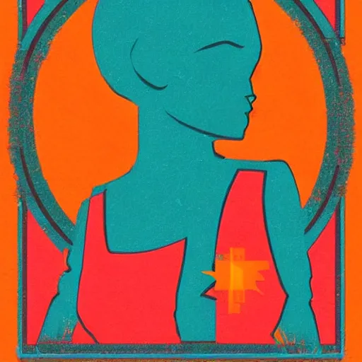 Image similar to art deco of a space woman, teal pallette, random