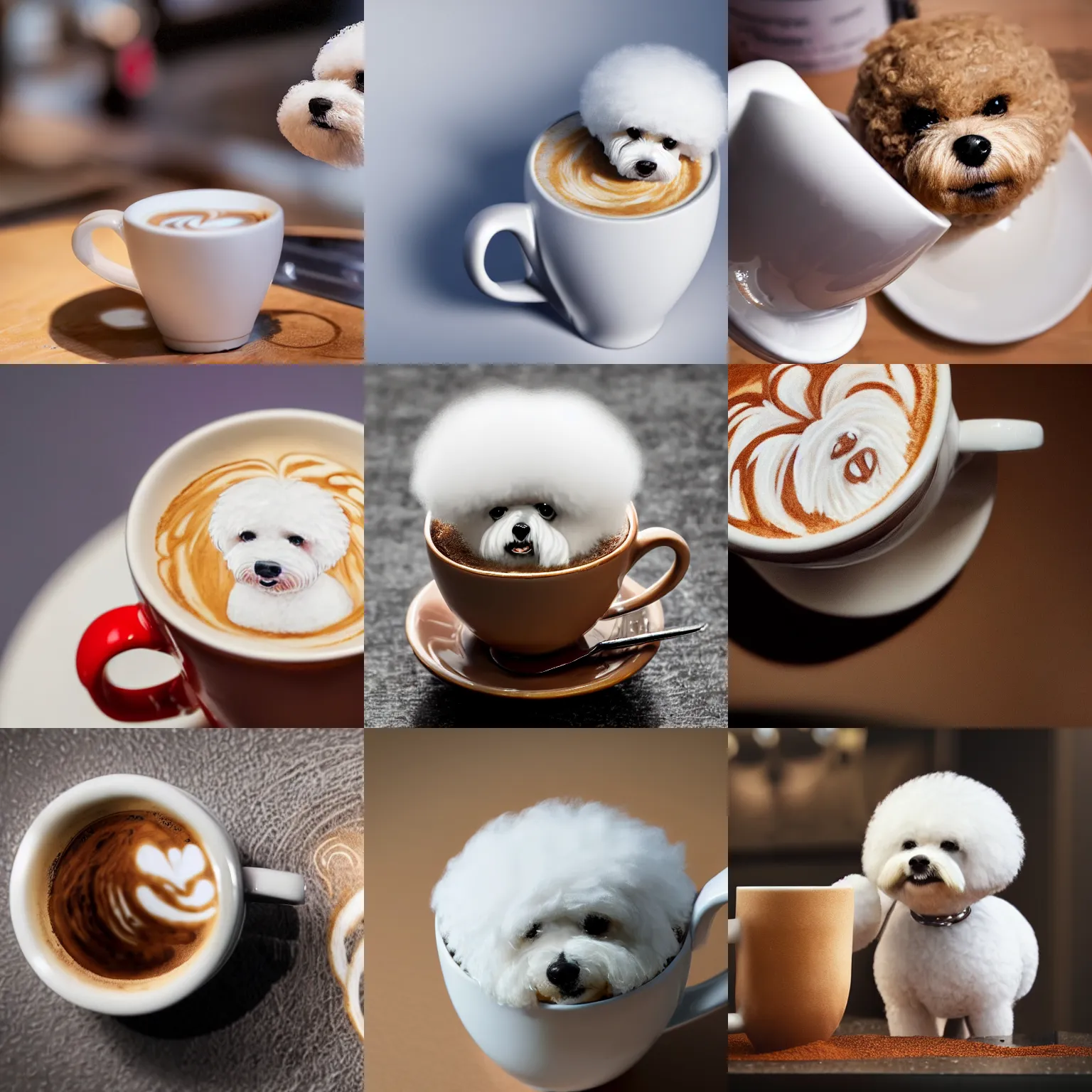 Image similar to a closeup photorealistic photograph of barista drawing bichon frise shaped latte art in a cup. professional capture, well lit shot. this 4 k hd image is trending on artstation, featured on behance, well - rendered, extra crisp, features intricate detail, epic composition and the style of unreal engine.