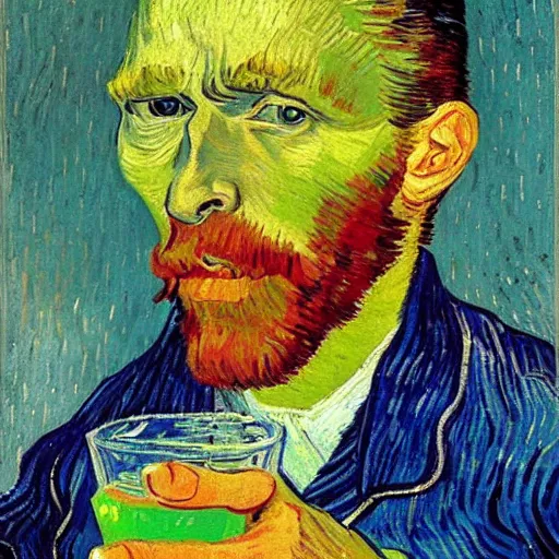 Image similar to van gogh drinking absinthe in a cafe, in the style of van gogh