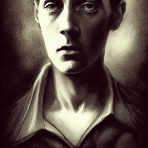 Image similar to h. p. lovecraft character portrait, lean face, cinematic lighting, glowing grey eyes, hyper - detailed, 4 k, high resolution, in the style of charlie bowater, tom bagshaw, single face, symmetrical, headshot photograph, insanely detailed and intricate, beautiful, elegant, watercolor, cinematic, portrait, raphaelite, headroom, pierre - auguste renoir