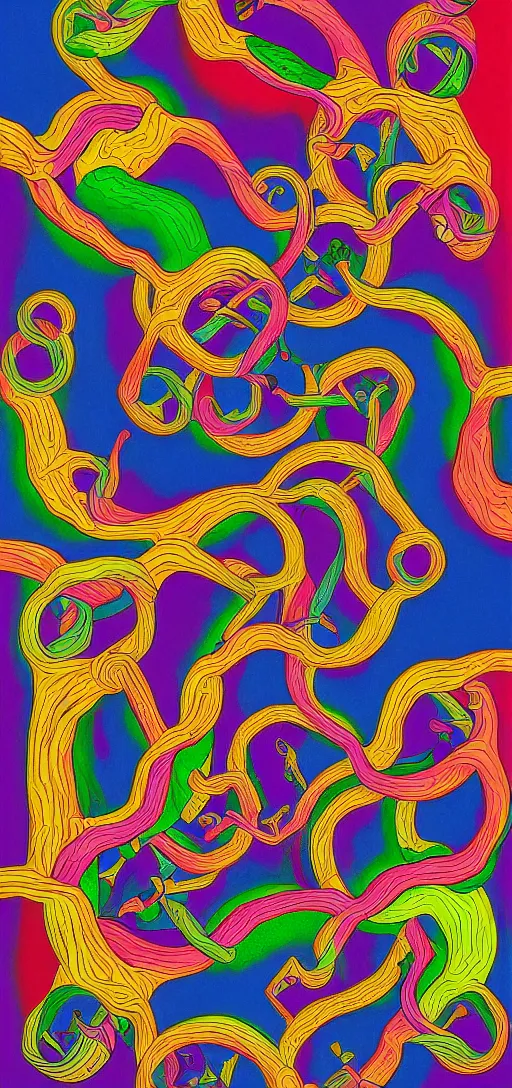 Prompt: a portrait of chaos overtaking the mind, vibrant colors, true, pure, digital art by M. C. Escher