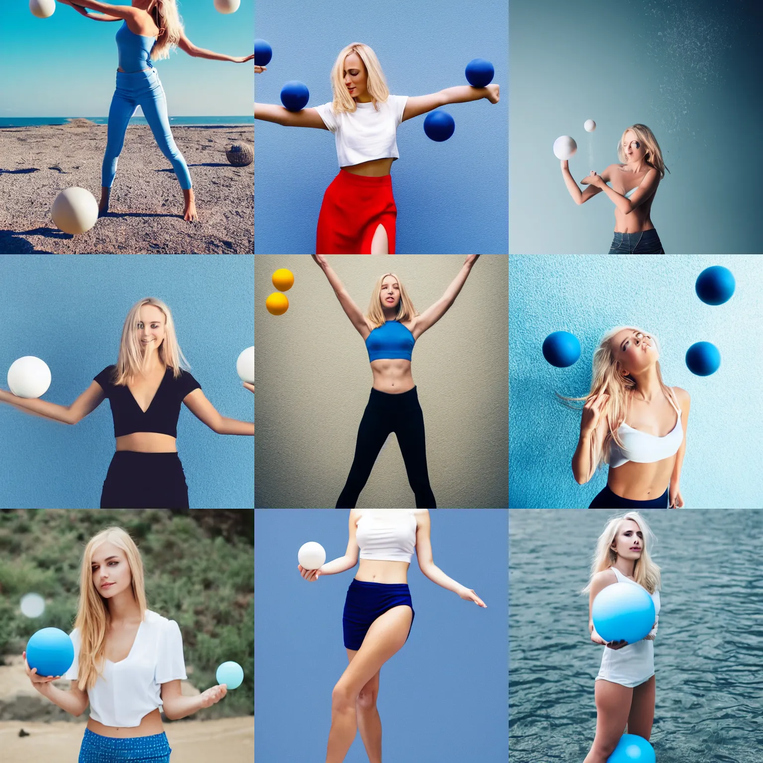 Prompt: Beautiful blonde girl in white minimalistic clothes juggles three spheres made of blue water, white minimalistic background, professional photo, everything is in balance