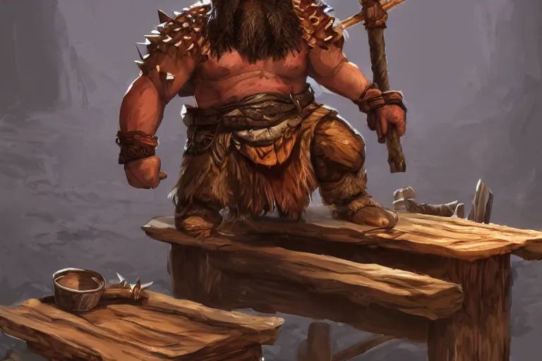 Image similar to barbarian dwarf holding a rustic rectangle wooden table with spikes sticking out of it. Dungeons and dragons fantasy digital art, artstation highquality 4k