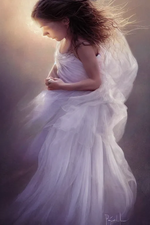 Image similar to very beautiful little girl dancing in the wind, ultradetailed, beautiful face, ethereal, bride, beautiful wedding dress, gorgeous, volumetric lighting, elegant, digital painting, concept art, illustration, limited color palette, atmosphere and tension, art by greg olsen and liz lemon swindle