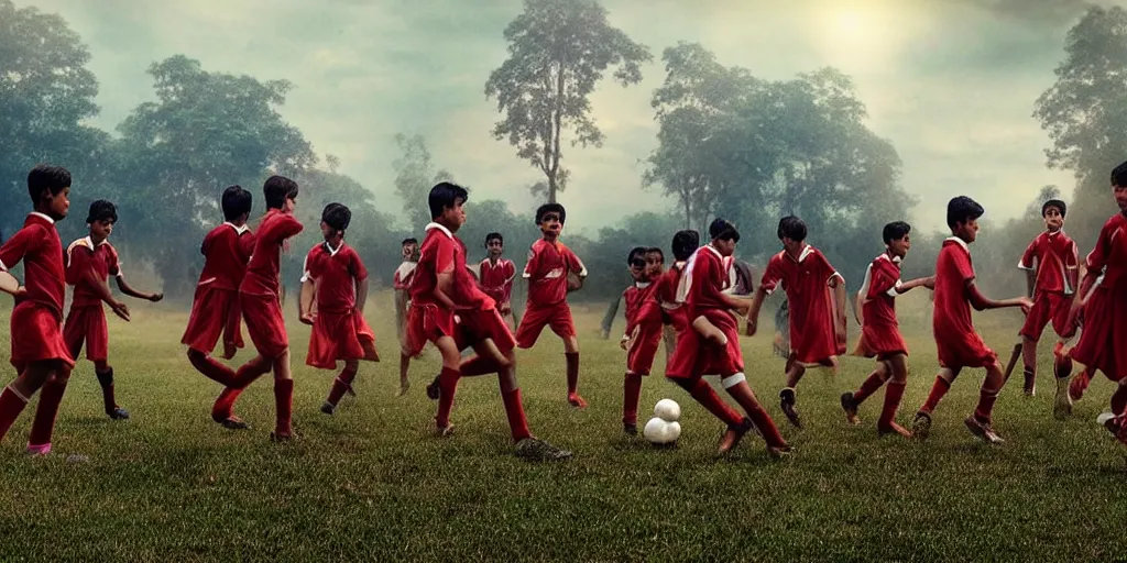 Prompt: kerala school boys playing football wearing girls dresses posing for a photo, an epic fantasy, dramatic lighting, cinematic, establishing shot, extremely high detail, photorealistic, cinematic lighting, artstation, matte painting by christopher nolan, horizon forbidden west